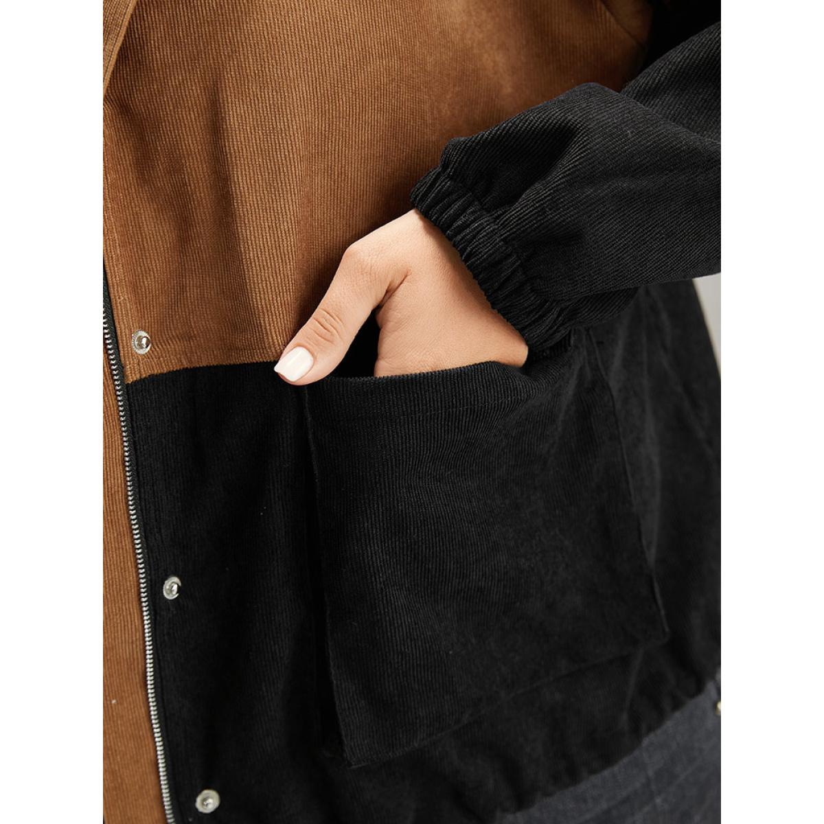 Plus Size Two Tone Zipper Pocket Button Up Jacket Women Black Elastic cuffs Pocket Dailywear Jackets BloomChic 28/5X Product Image