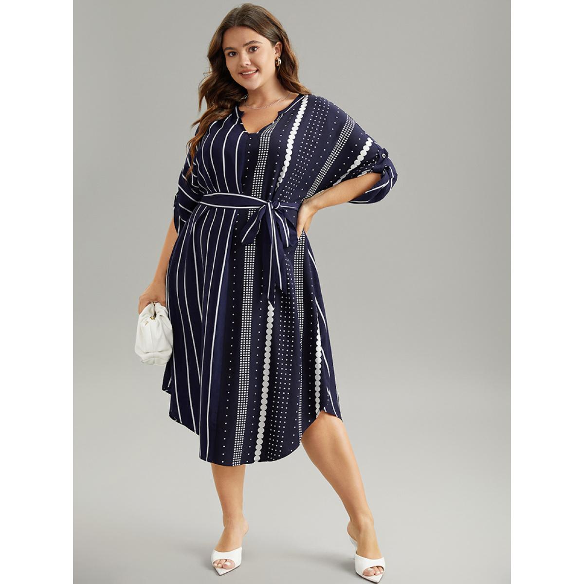 Plus Size Striped Patchwork Polka Dot Belted Notched Dress DarkBlue Women Office Belted Notched collar Elbow-length sleeve Curvy Midi Dress BloomChic 22-24/3X Product Image