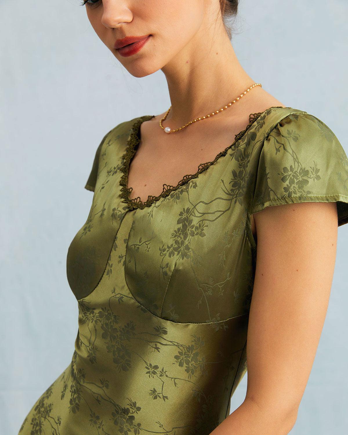 The Green Jacquard Cap Sleeve Satin Midi Dress Product Image