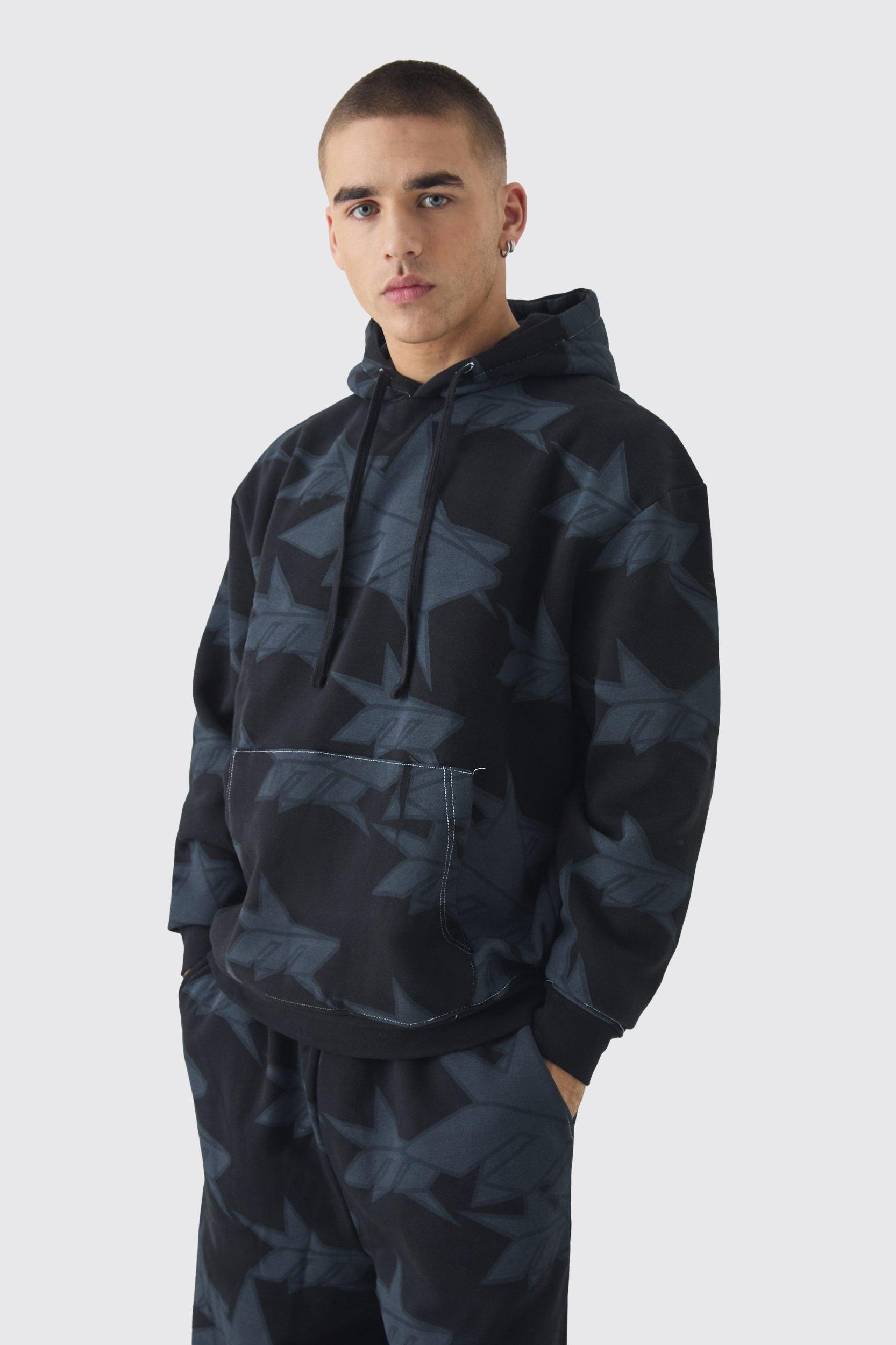 Oversized All Over Star Print Hooded Tracksuit | boohooMAN USA Product Image