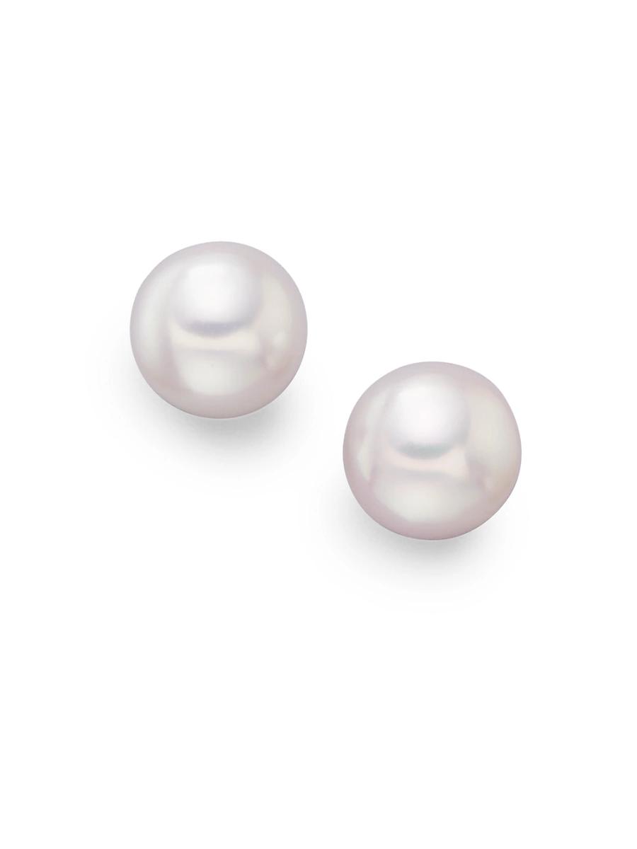 Womens 7.5MM White Cultured Akoya Pearl & 18K White Gold Stud Earrings Product Image