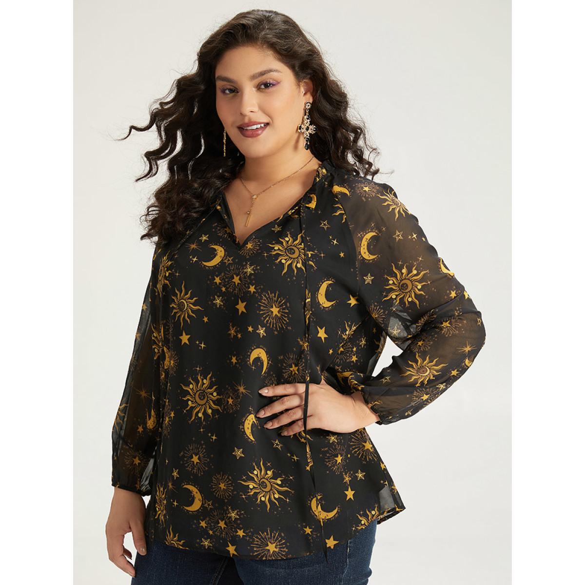 Plus Size Black Halloween Moon & Star Print Tie Neck Mesh Lantern Sleeve Blouse Women Elegant Long Sleeve Tie Neck Festival-Halloween Blouses BloomChic 22-24/3X Product Image