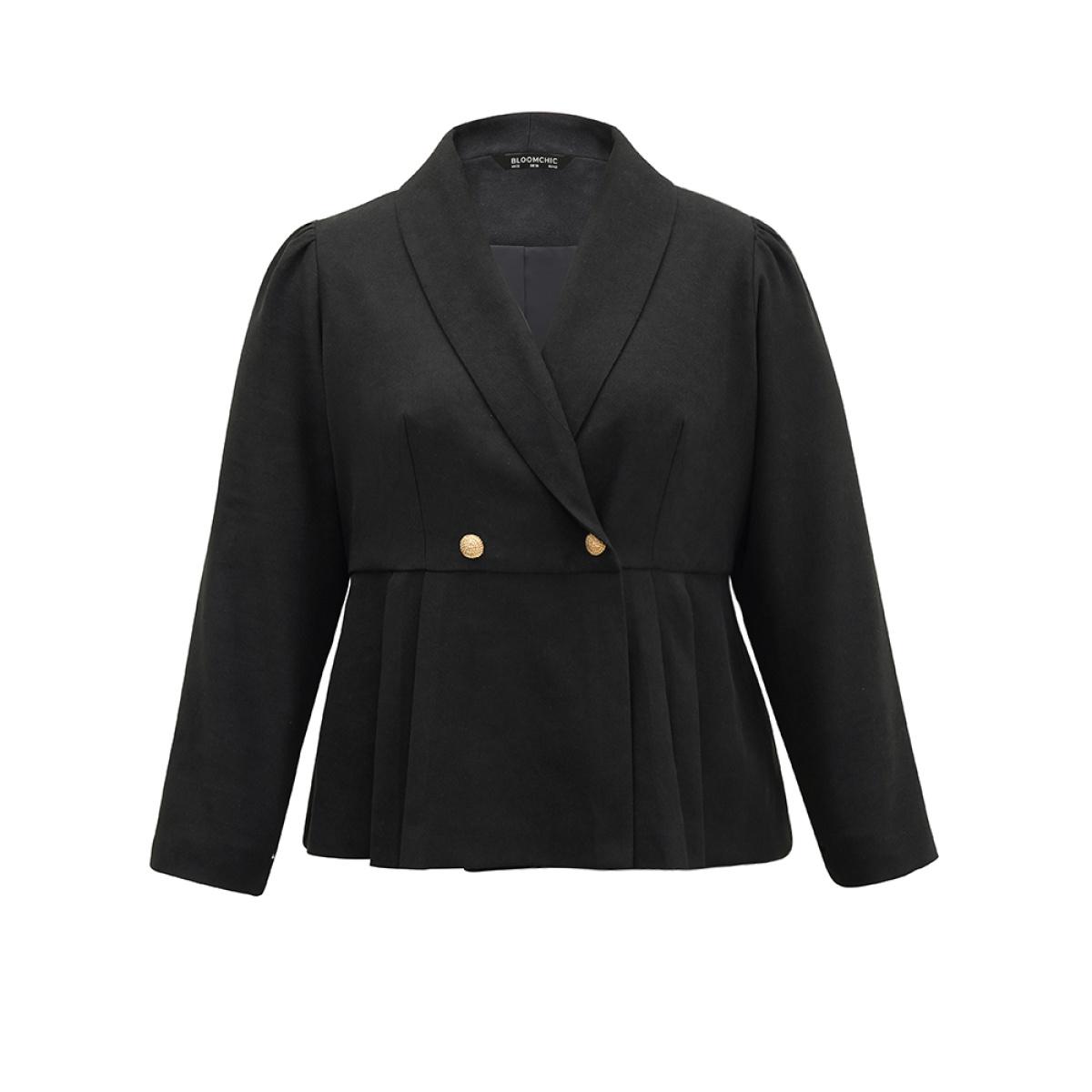 Plus Size Lapel Collar Plicated Detail Button Up Blazer Black Women Office Plain Lined Sleeve Long Sleeve Lapel Collar 12/L Workwear Essentials Blazers BloomChic Product Image