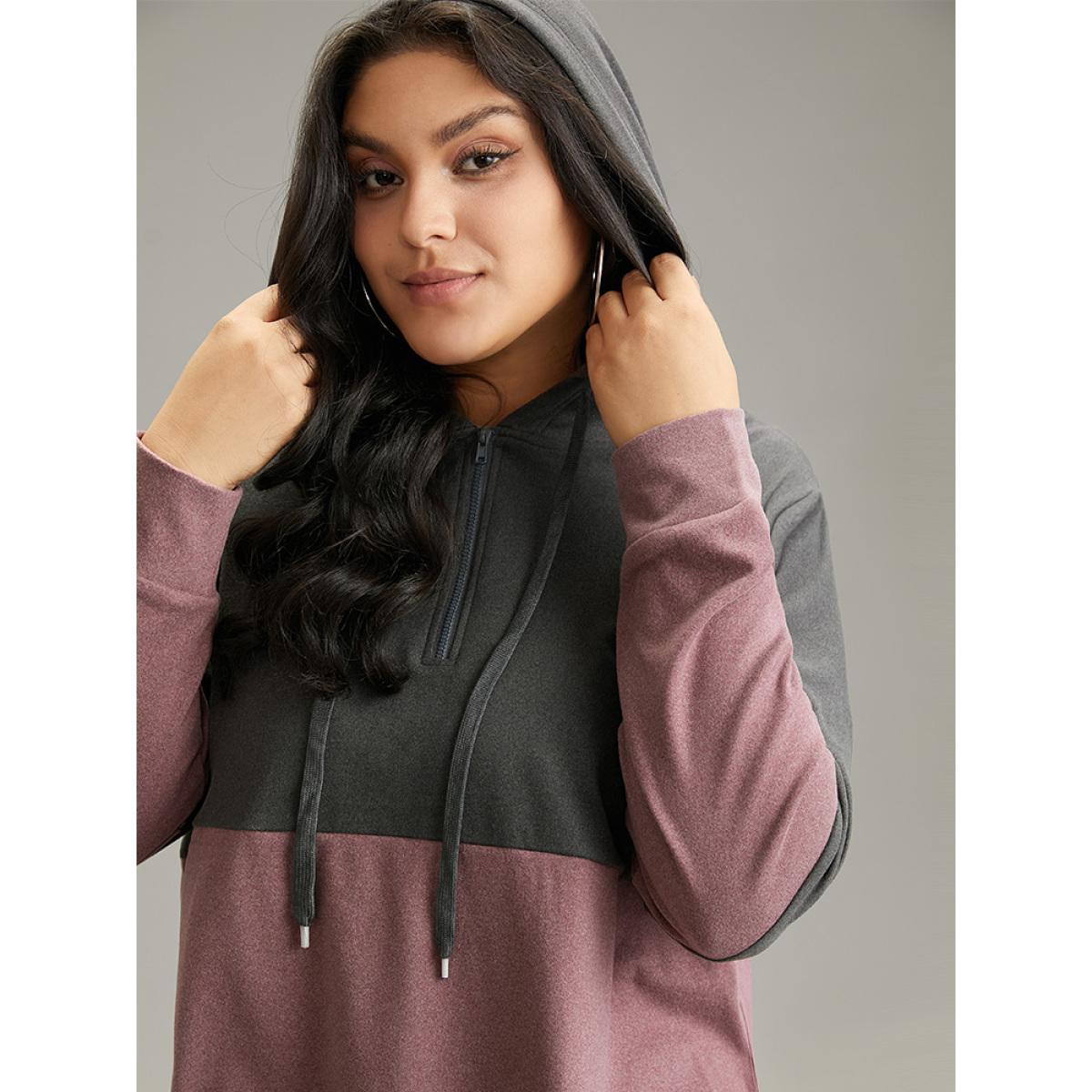Plus Size Colorblock Contrast Half Zip Hooded Sweatshirt Women Scarlet Casual Contrast Hooded Dailywear Sweatshirts BloomChic 22-24/3X Product Image