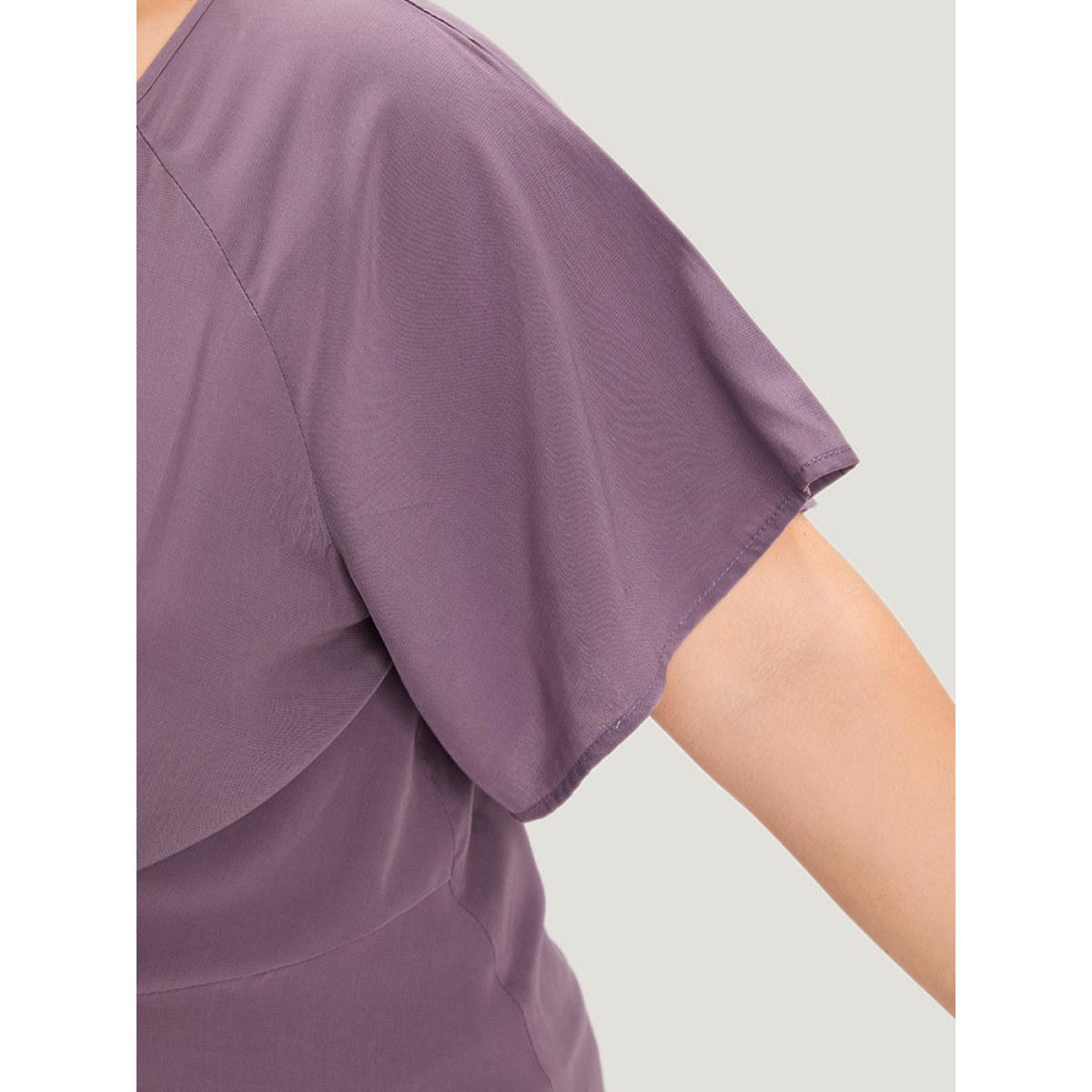 Plus Size Mauve Supersoft Essentials Plain Keyhole Twist Front Ruffle Blouse Women Elegant Short sleeve Round Neck Dailywear Blouses BloomChic 26/4X Product Image