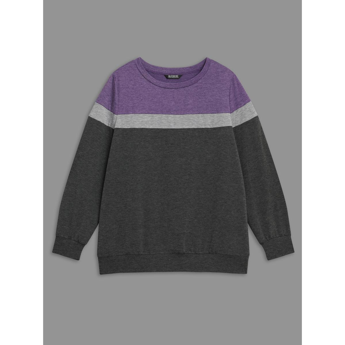 Plus Size Colorblock Contrast Round Neck Sweatshirt Women DimGray Casual Contrast Loose Round Neck Everyday Sweatshirts BloomChic 18-20/2X Product Image