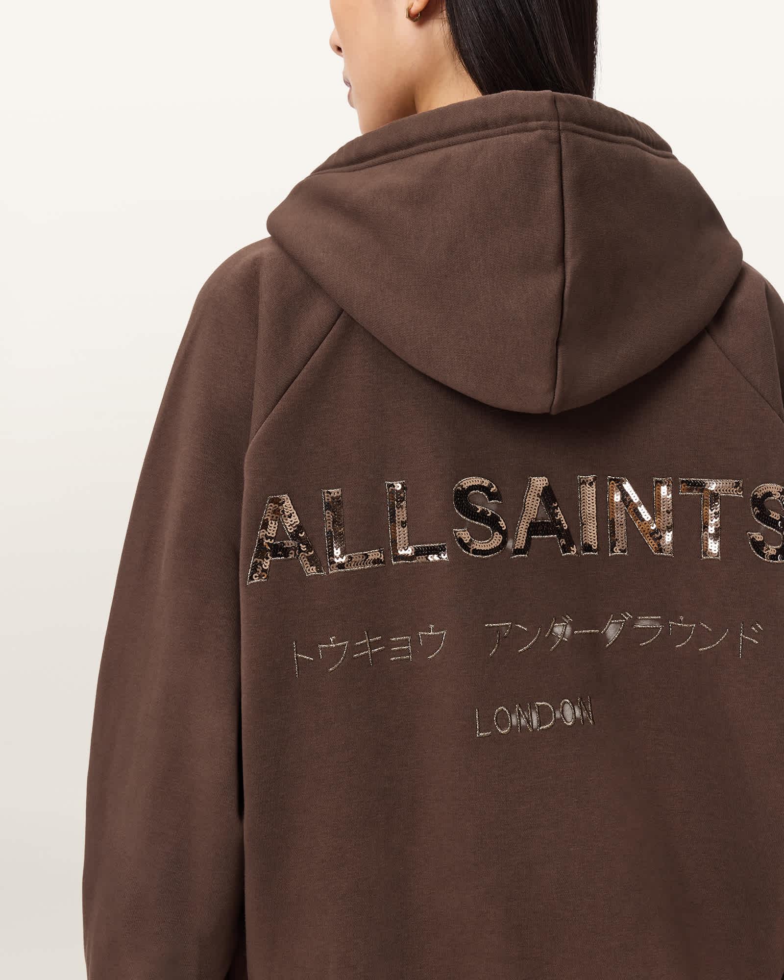 Talon Underground Sequin Oversized Hoodie Bitter Brown | ALLSAINTS US Product Image