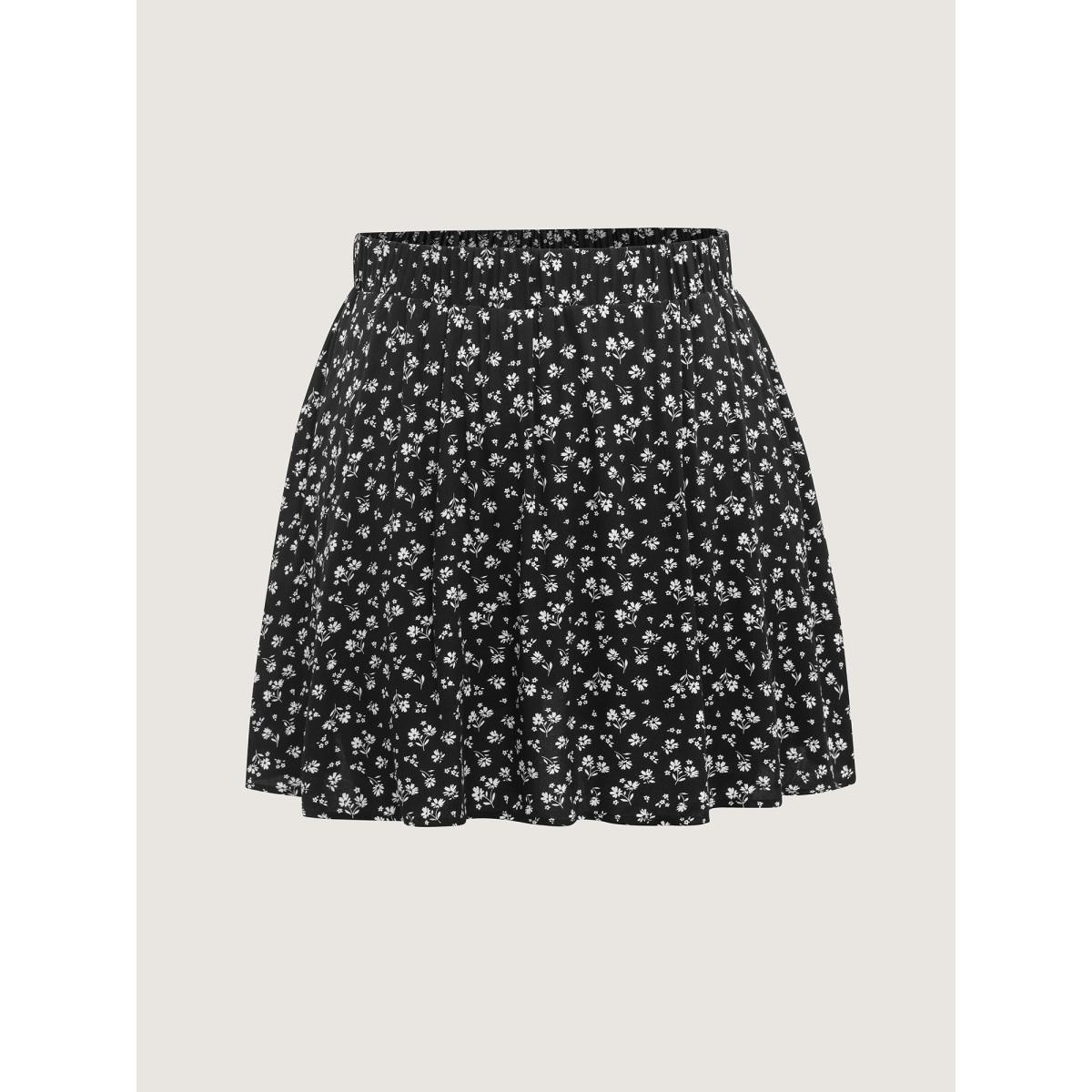 Plus Size Ditsy Floral Print Stretchy Waist Skirt Women BlackFlower Loose No stretch Side seam pocket Everyday-Casual Skirts BloomChic 28/5X Product Image
