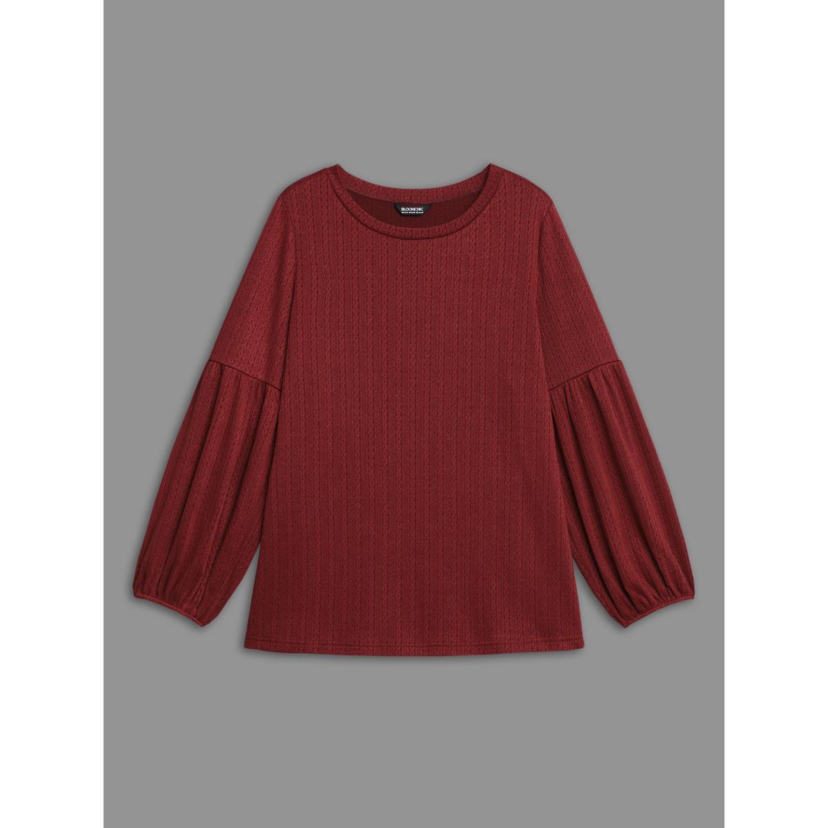 Plus Size Balloon Sleeve Textured Round Neck T-Shirt Deepred Women Elegant Texture Round Neck Everyday T-shirts BloomChic 22-24/3X Product Image
