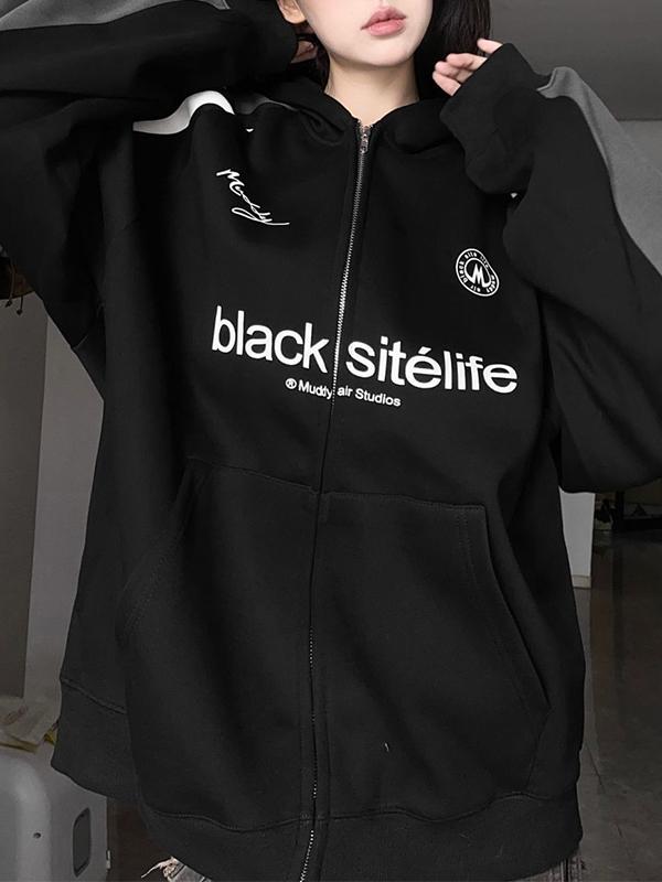 Contrast Color Letter Print Zip Up Piping Oversized Hoodie Product Image