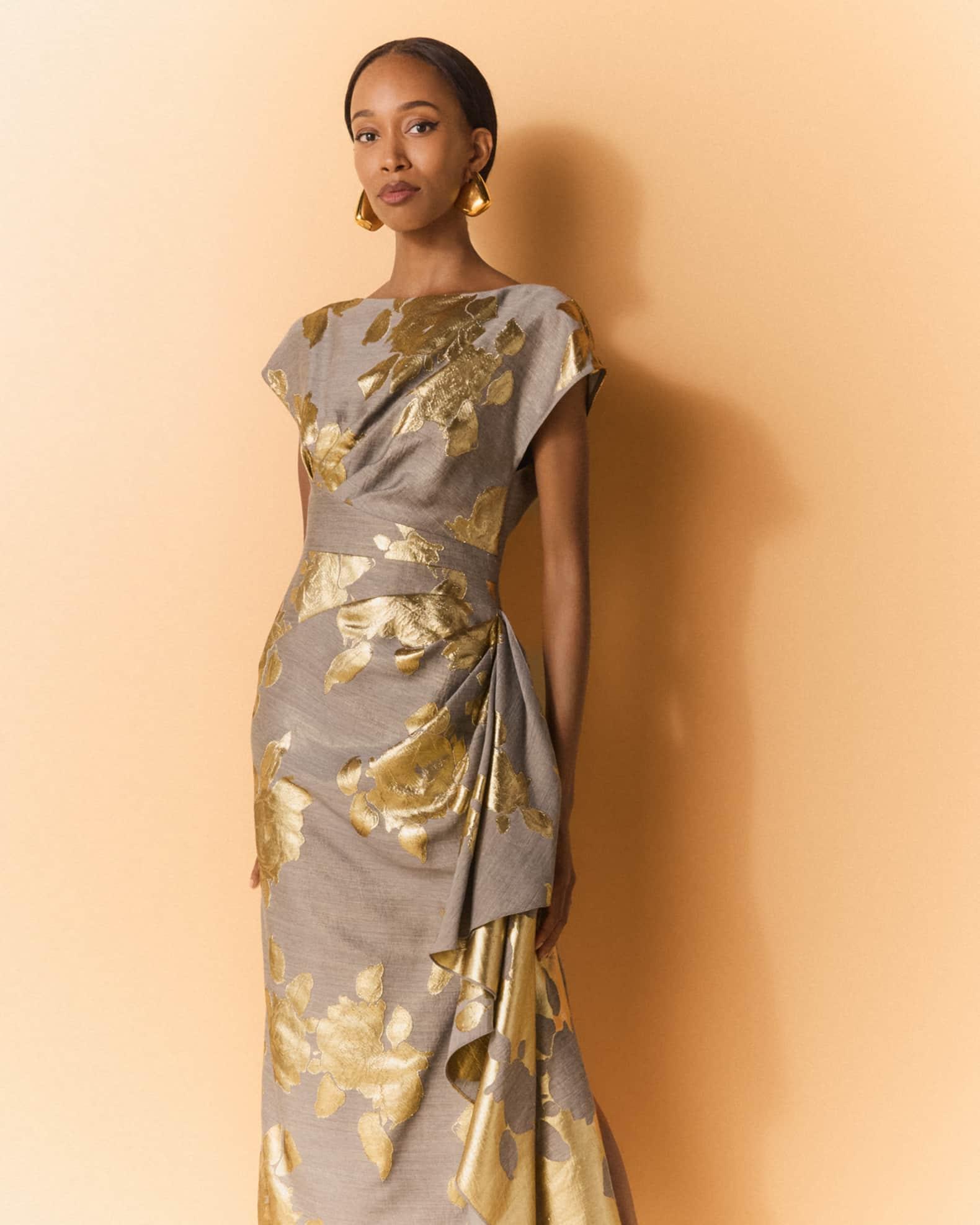 Florence Metallic Floral Jacquard Draped Midi Dress Product Image