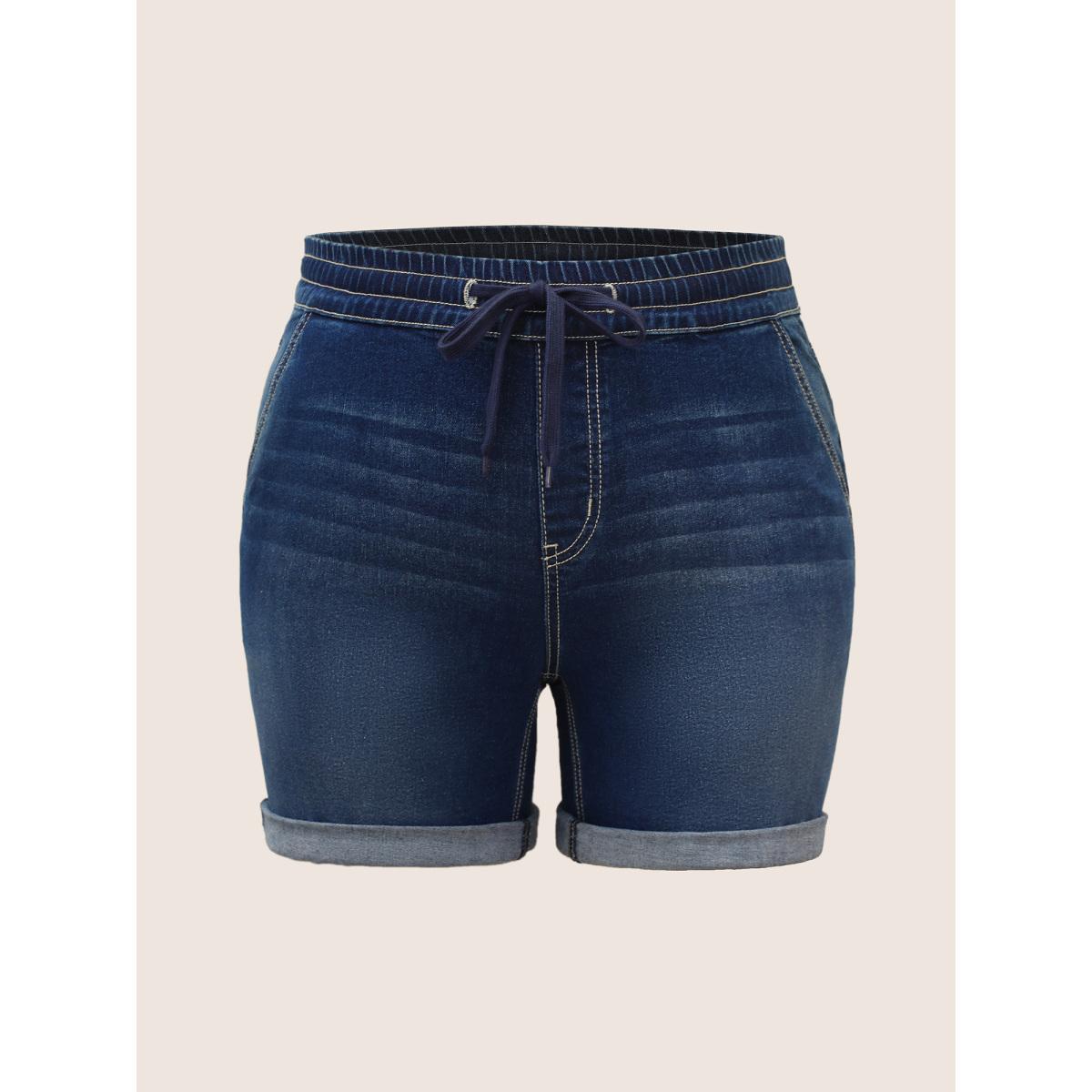 Plus Size Roll Hem Elastic Waist Drawstring Denim Shorts Women Indigo Drawstring High stretch Everyday Slanted pocket Casual Denim Shorts BloomChic 24/3X Product Image