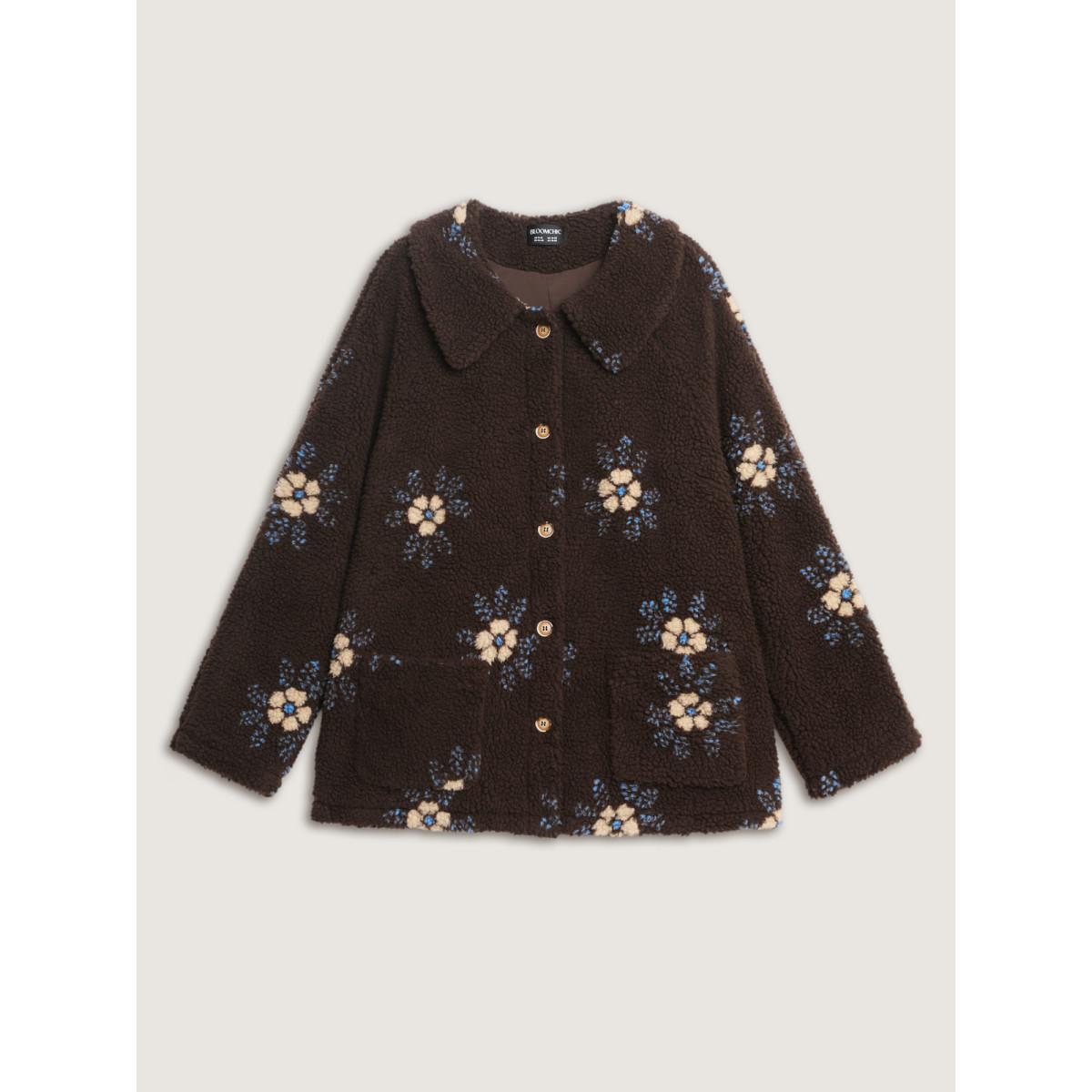 Plus Size Fluffy Floral Pattern Pocket Coat Women Multicolor Leisure Button Ladies Casual Winter Coats BloomChic 12/L Product Image