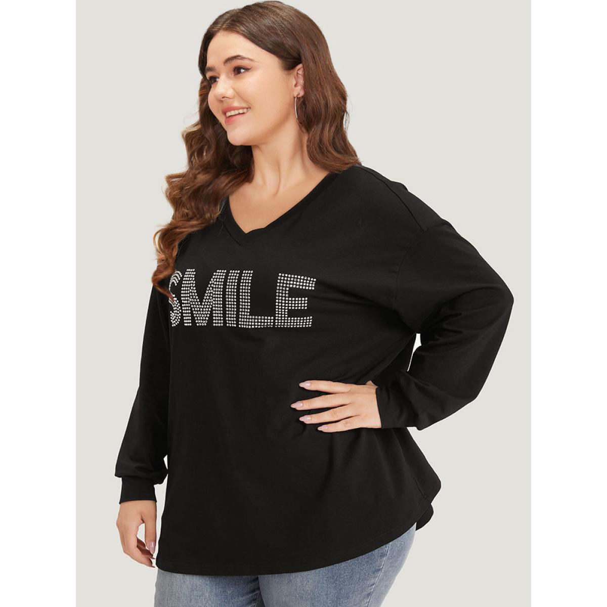 Plus Size Letter Print Rhinestone V Neck Elastic cuffs Sweatshirt Women Black Elegant Elastic cuffs Dailywear Sweatshirts BloomChic 10/M Product Image