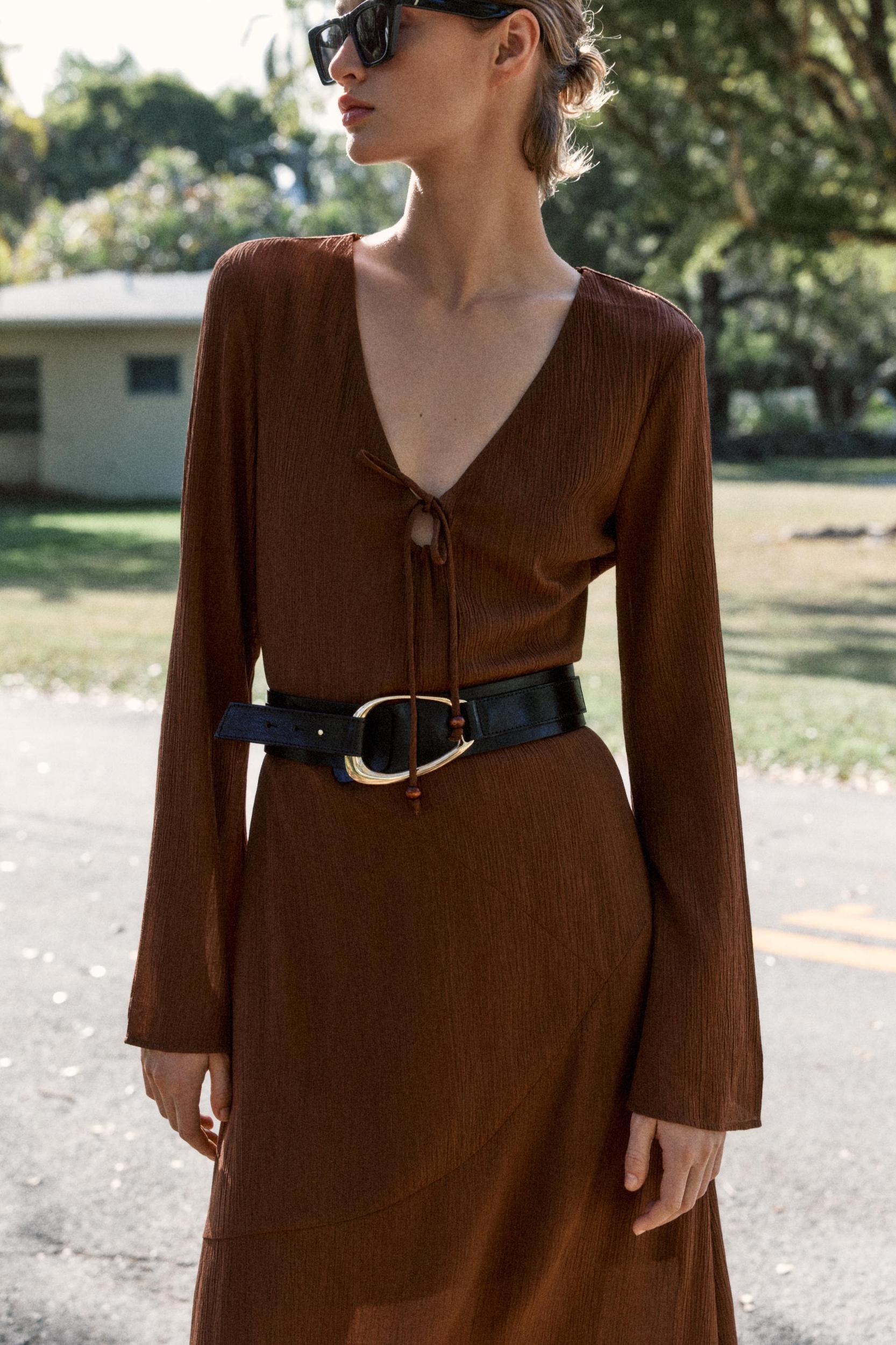 V-NECK TIE MIDI DRESS Product Image