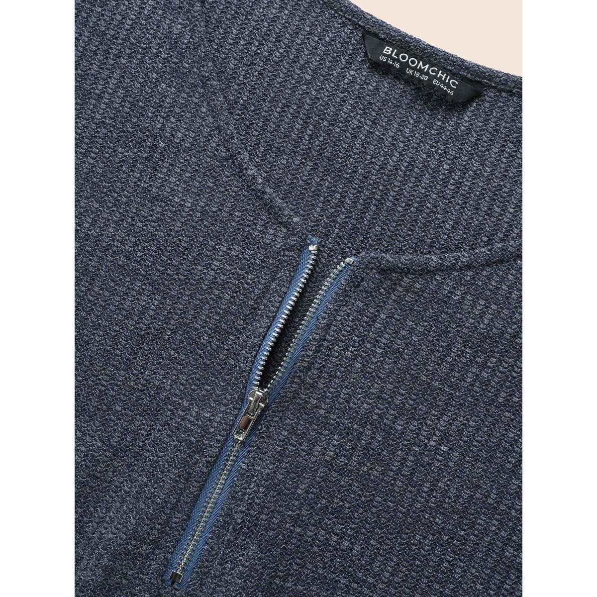 Plus Size Rib Knit Half Zip High Low Hem T-shirt Navy Women Casual Texture V-neck Everyday T-shirts BloomChic 28/5X Product Image