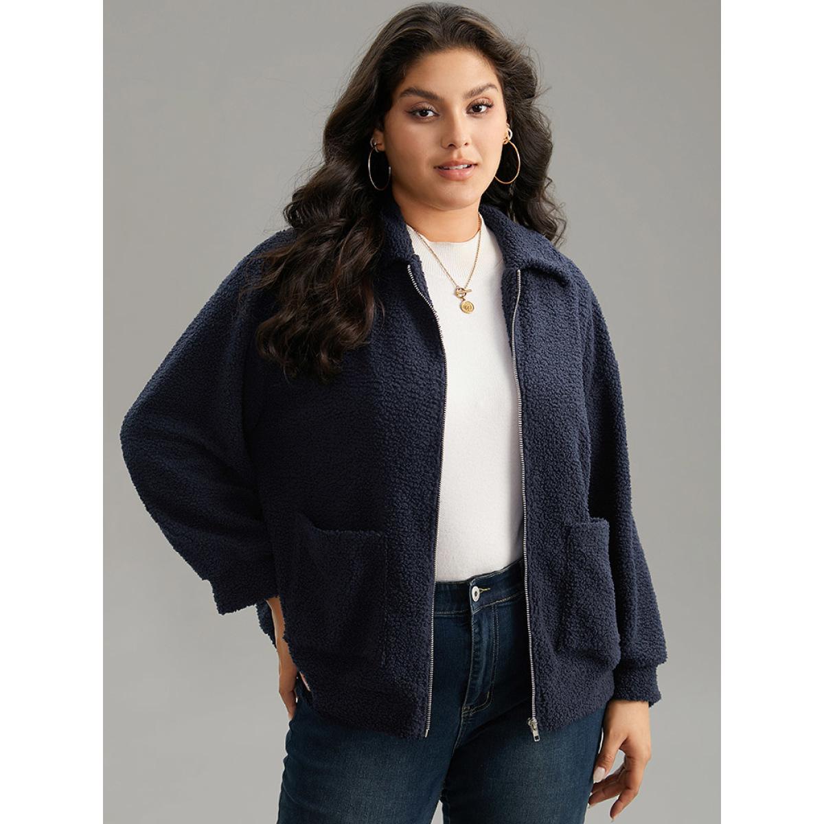 Plus Size Solid Zipper Pocket Teddy Jacket Women DarkBlue Casual Plain Ladies Dailywear Winter Coats BloomChic 26/4X Product Image