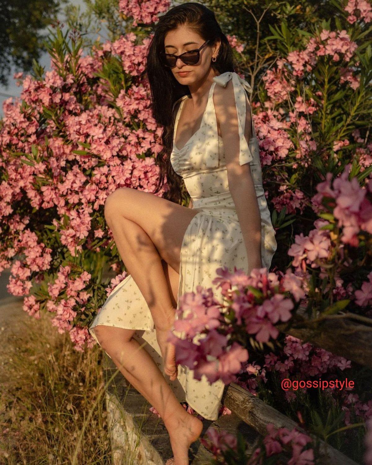 The Light Green Satin Floral Tie Strap Slit Midi Dress Product Image