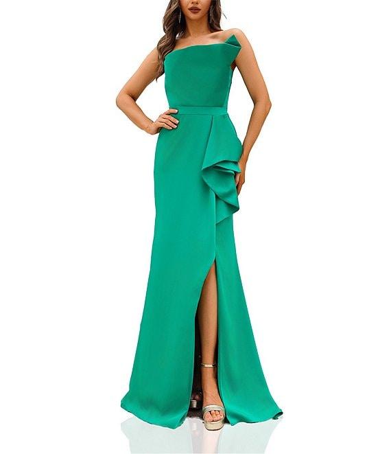Terani Couture Strapless 3D Ruffle Front Slit Crepe Sheath Gown Product Image