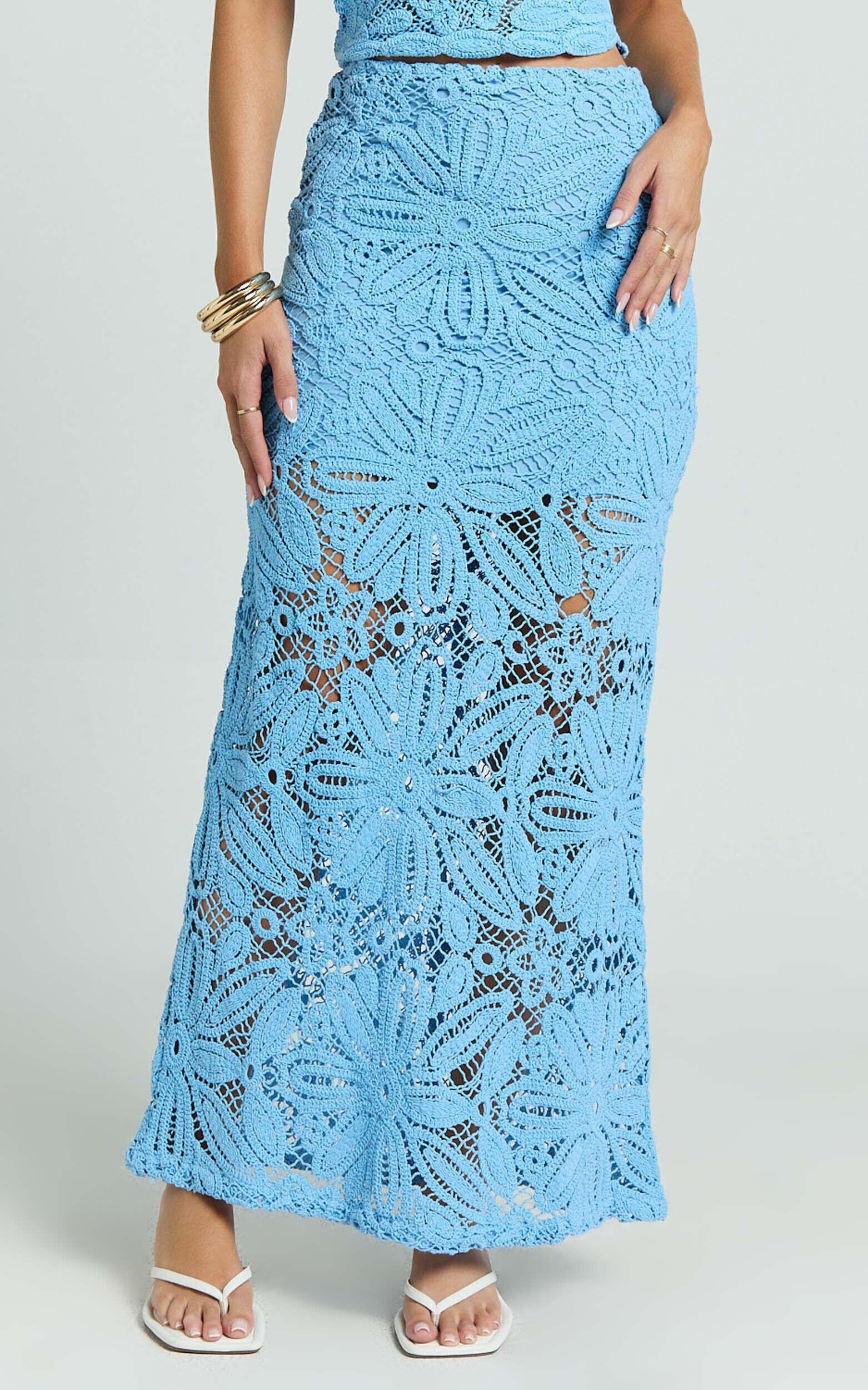 Charlene Maxi Skirt - Crochet Fit And Flare Skirt in Blue Product Image