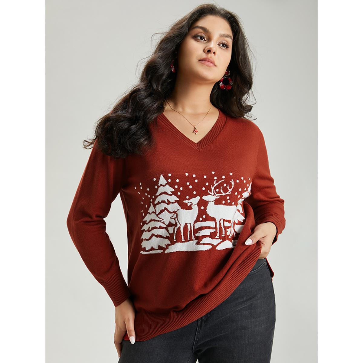 Plus Size Anti-Pilling Christmas Trees & Elk Print Pullover Rust Women Casual Loose Long Sleeve V-neck Festival-Christmas Pullovers BloomChic 28/5X Product Image