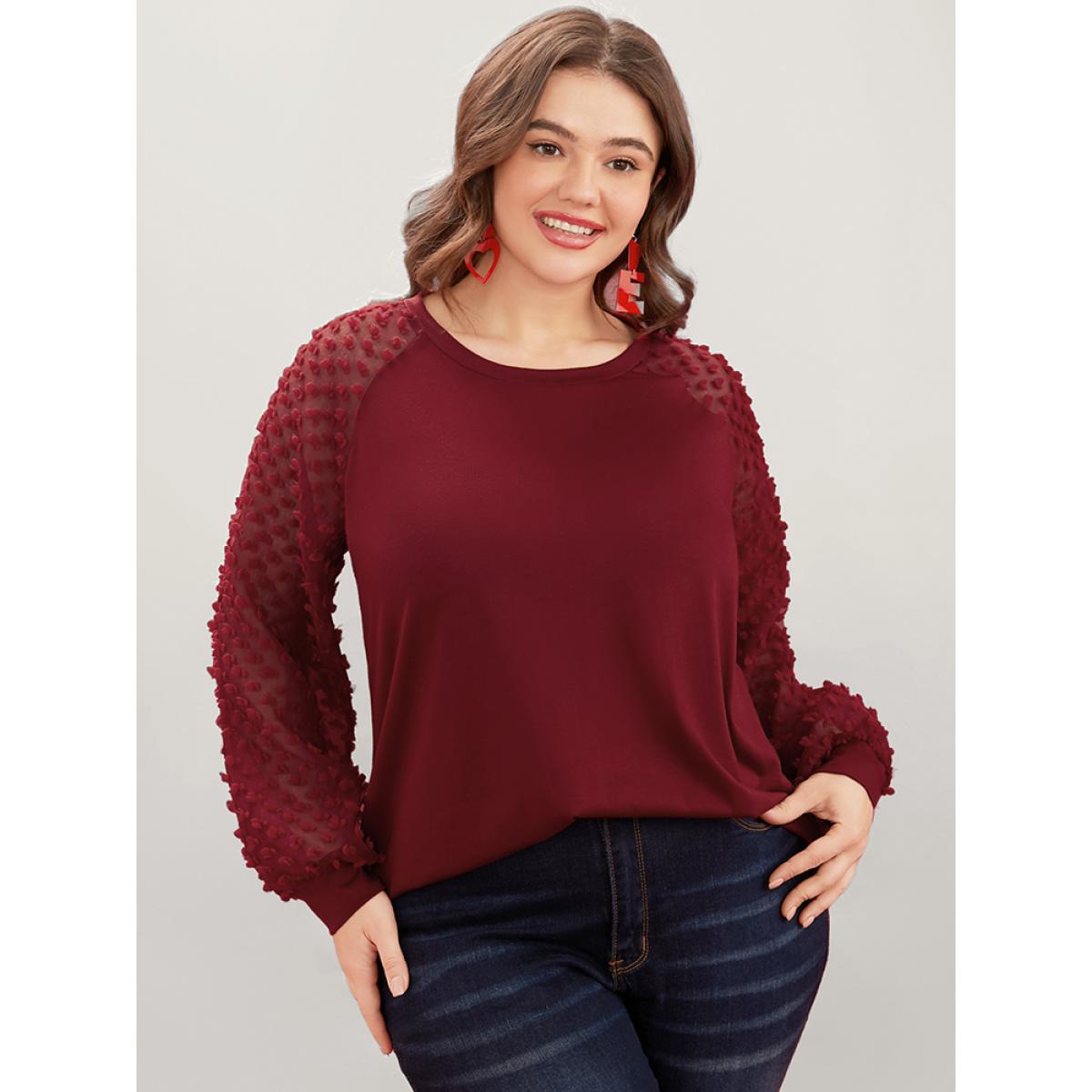 Plus Size Solid Mesh Patchwork Embroidered Round Neck Long Tee Scarlet Women Elegant See through Plain Round Neck Dailywear T-shirts BloomChic 12/L Product Image