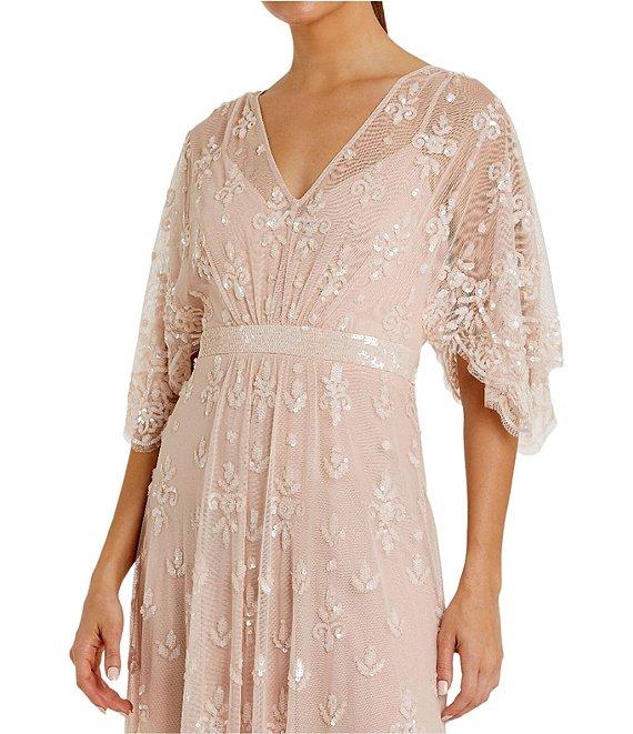 Mac Duggal V-Neck Illusion Flutter Sleeve Embroidered Mesh Sheath Gown Product Image