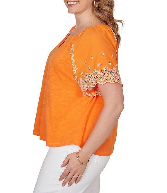 Ruby Rd. Plus Size Slub Knit Split V-Neck Short Embroidered Sleeve Top Product Image