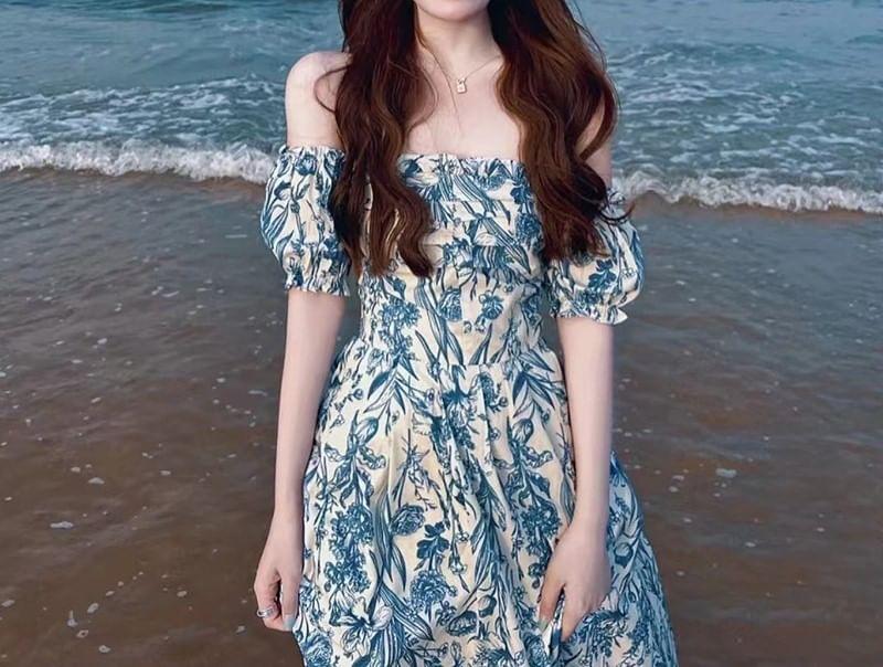 Short-Sleeve Off-Shoulder Floral Print Midi A-Line Dress Product Image