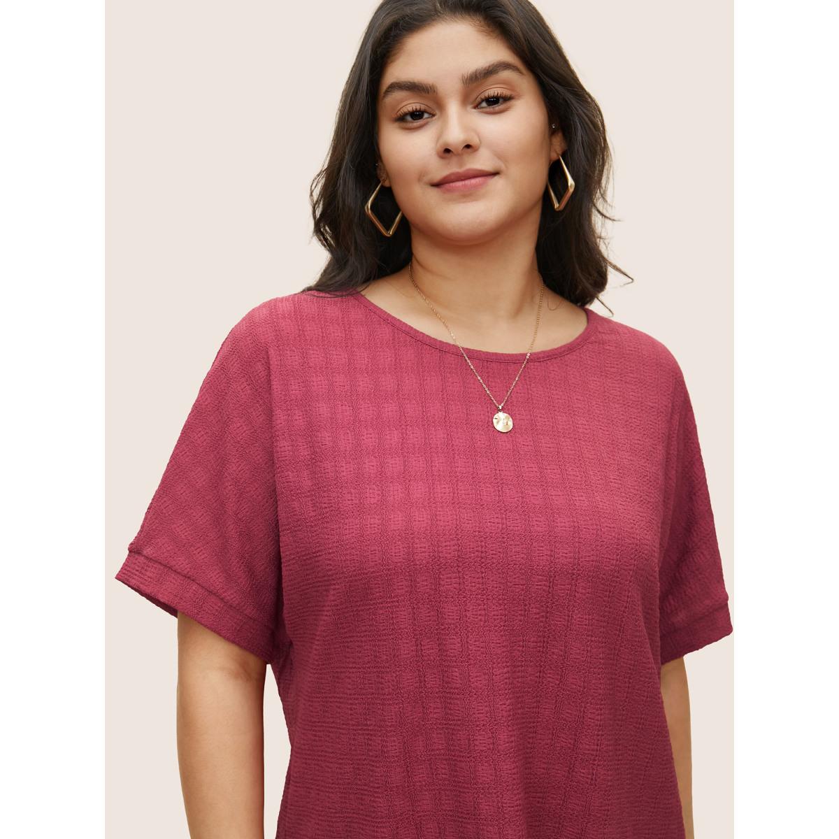 Plus Size Plain Textured Jacquard Dolman Sleeve T-shirt Pink Women Elegant Non Plain Round Neck Everyday T-shirts BloomChic 18-20/2X Product Image