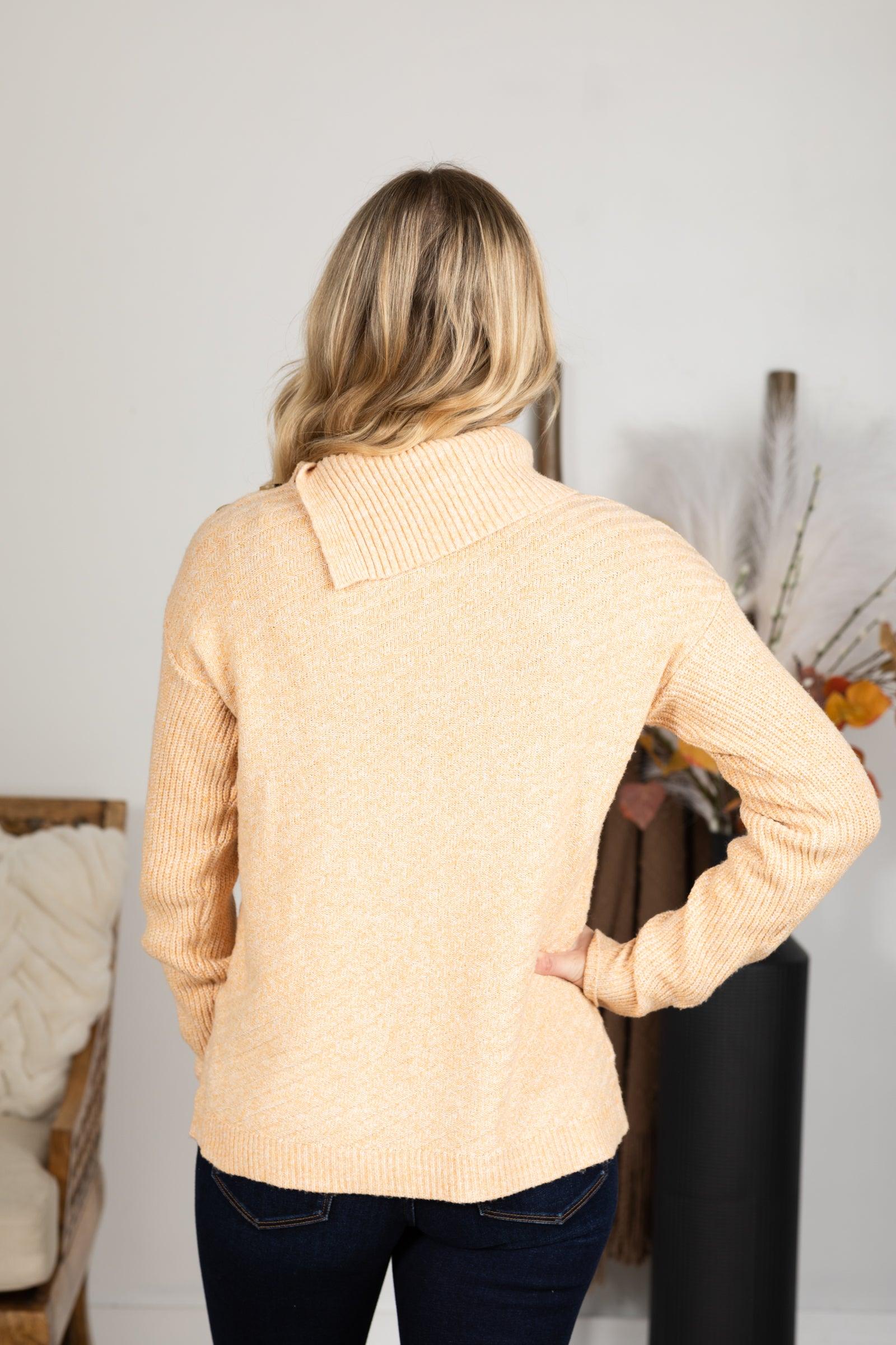 Tan Ribbed Split Neck Sweater With Buttons Product Image