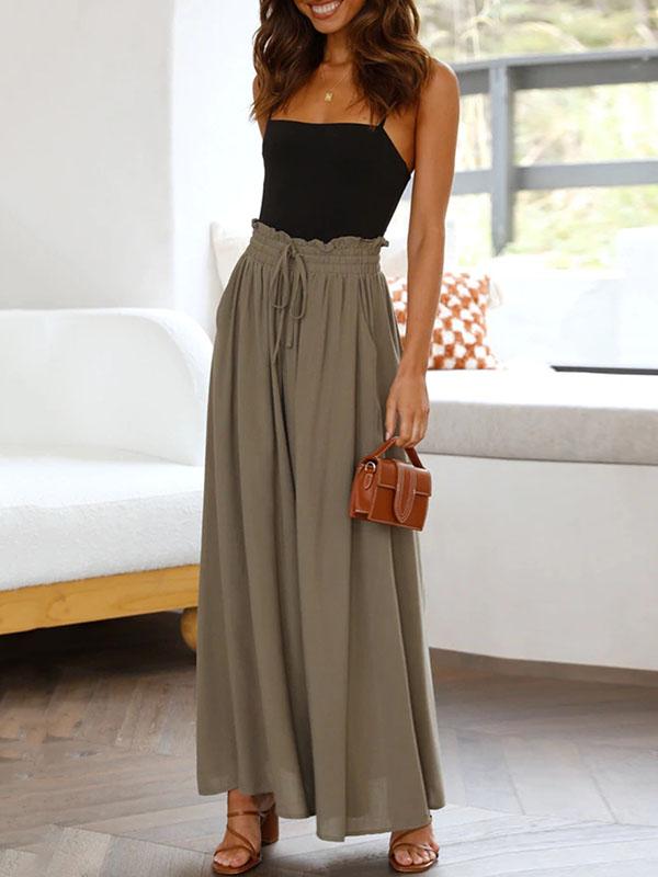 High Waisted Loose Drawstring Elasticity Pockets Solid Color Pants Trousers Product Image