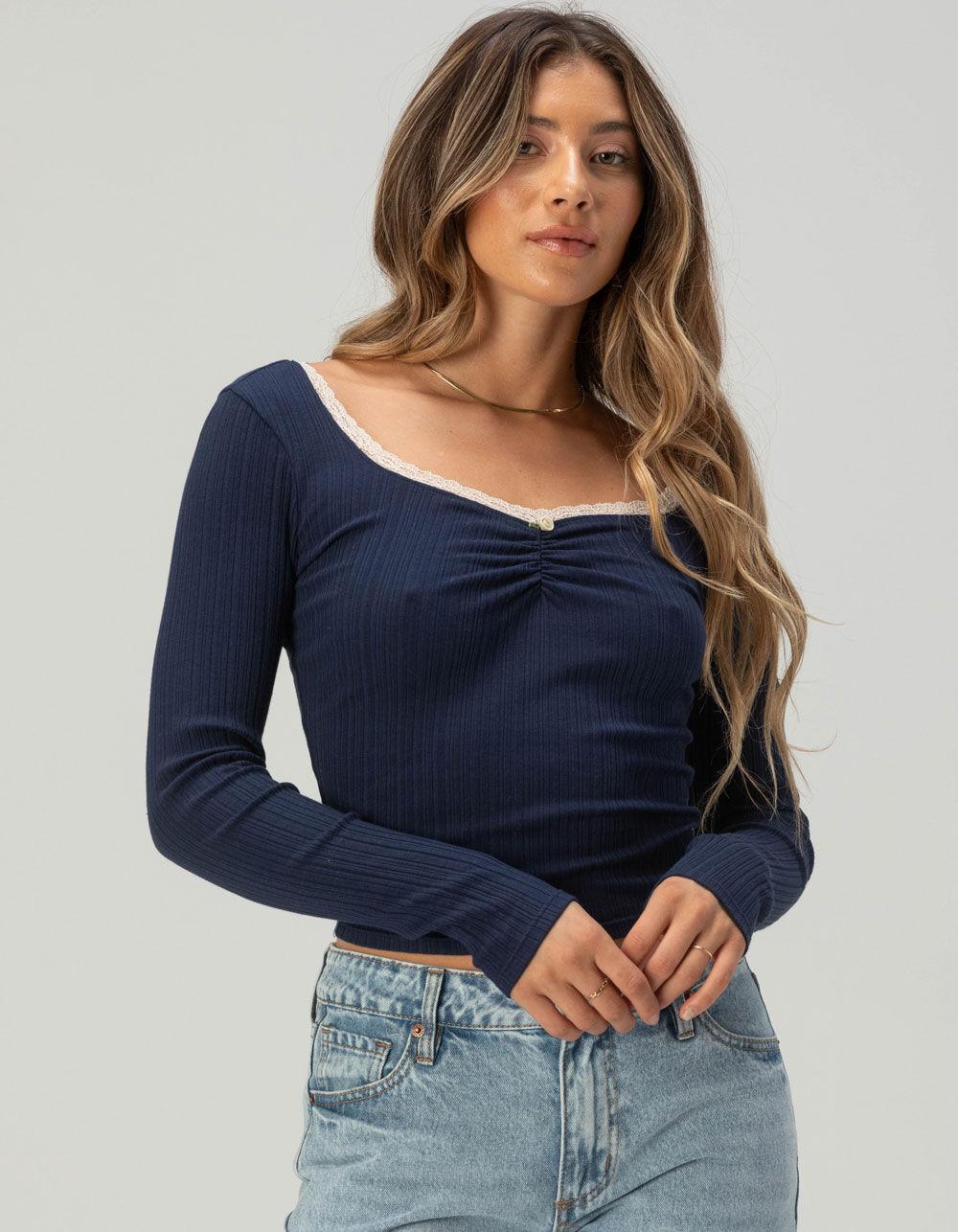 RSQ Womens Lace Trim Texture Long Sleeve Top - HEATHER GRAY Product Image