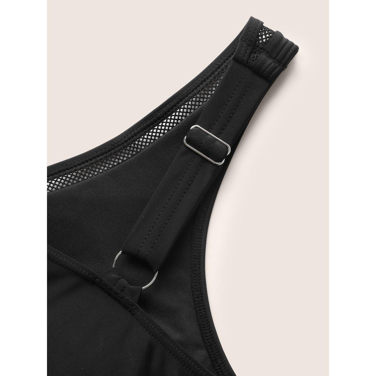 Plus Size V Neck Patchwork Mesh Gathered One Piece Swimsuit Women's Swimwear Black Beach Woven ribbon&lace trim Curve Bathing Suits High stretch One Pieces BloomChic 18-20/2X Product Image