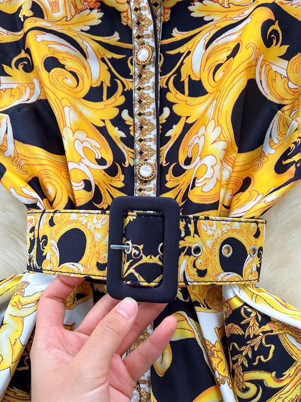 Sleeveless Belt Buckle Buttoned Contrast Color Floral Printed Midi Dresses Product Image