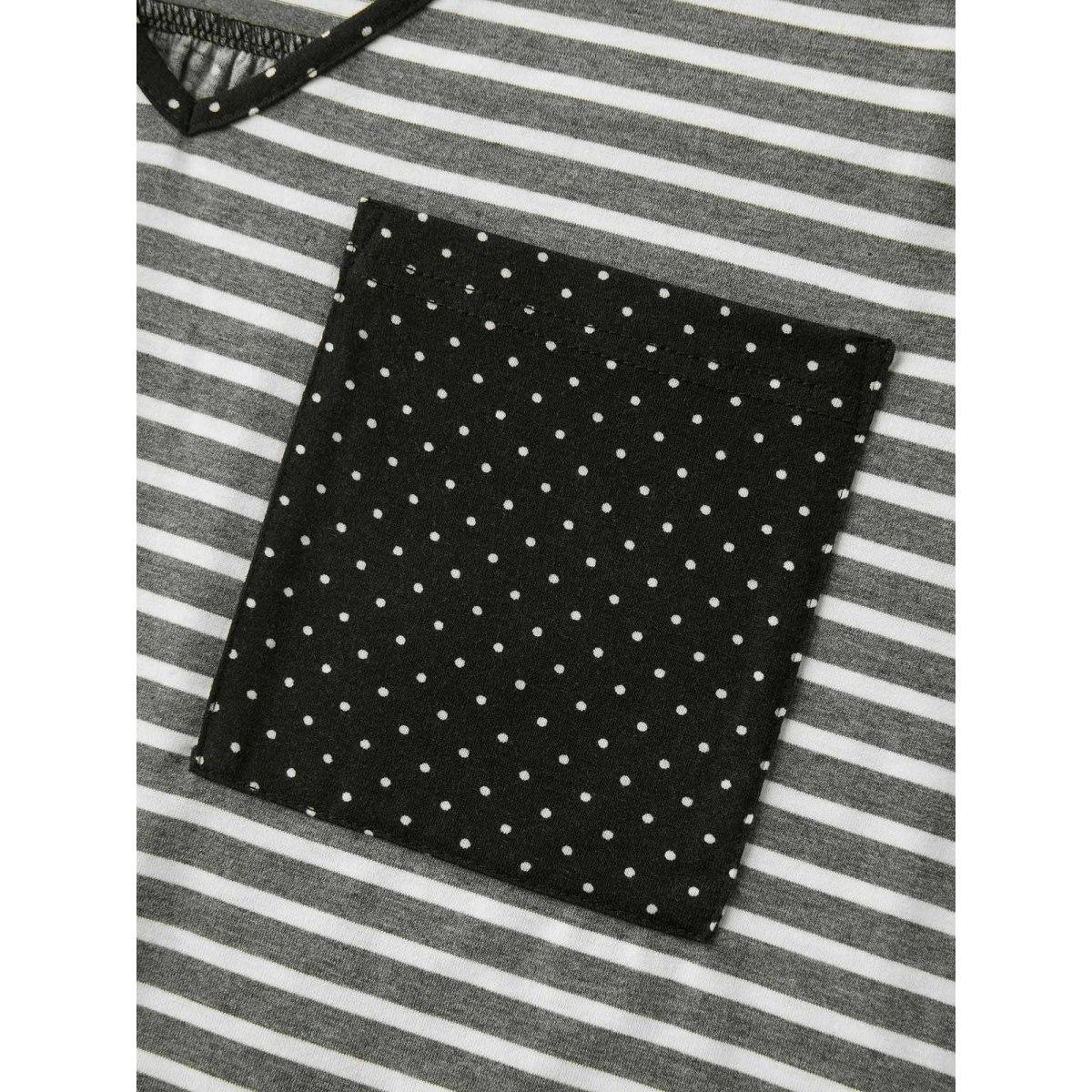 Plus Size Striped Polka Dots Print Pockets T-Shirt DimGray Women Contrast V-neck Everyday-Casual T-shirts BloomChic 22-24/3X Product Image