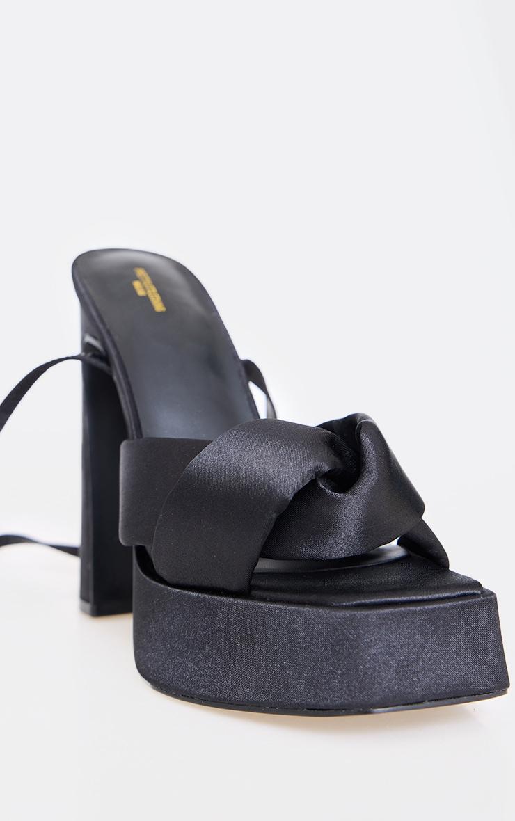 Wide Fit Black Satin Square Toe Cross Strap Platform Heeled Sandals Product Image