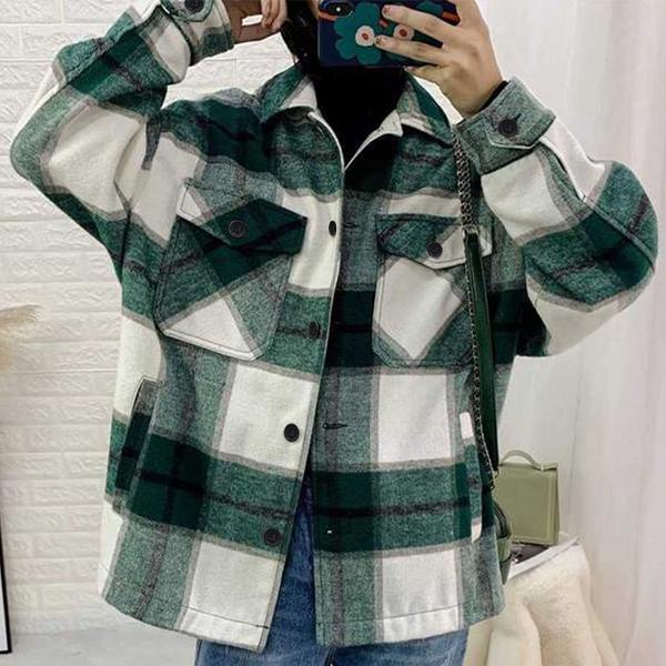 Shacket Vintage Pockets Over-sized Plaid Jacket Product Image