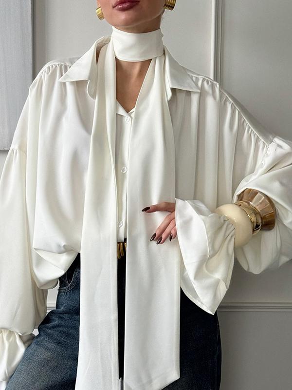 Flared Sleeves Long Sleeves Double Layered Elasticity Solid Color Tied V-Neck Blouses&Shirts Tops Product Image