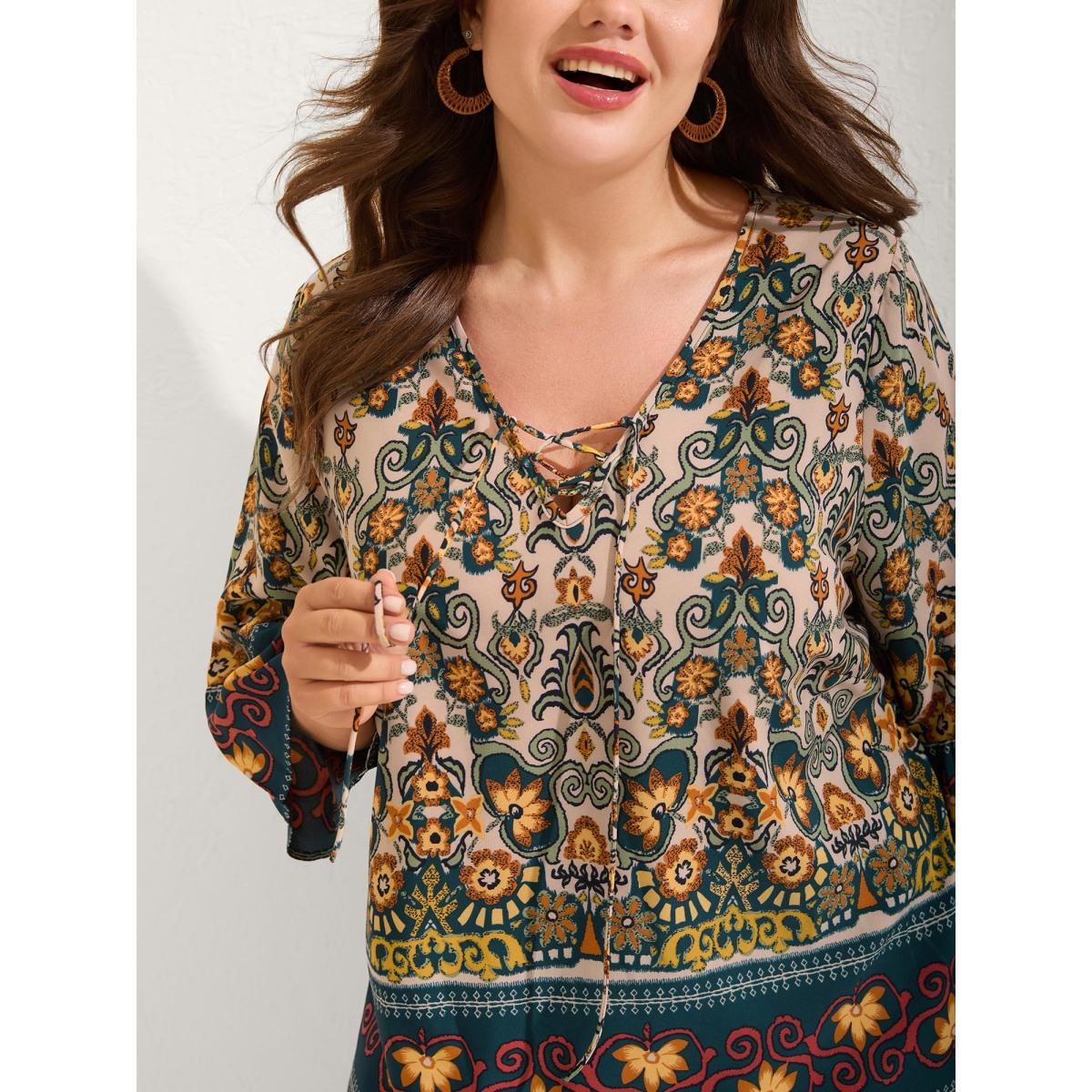 Plus Size Multicolor Boho Print Lace Up Bell Sleeve Blouse Women Boho Half Sleeve V-neck Vacation Blouses BloomChic 12/L Product Image