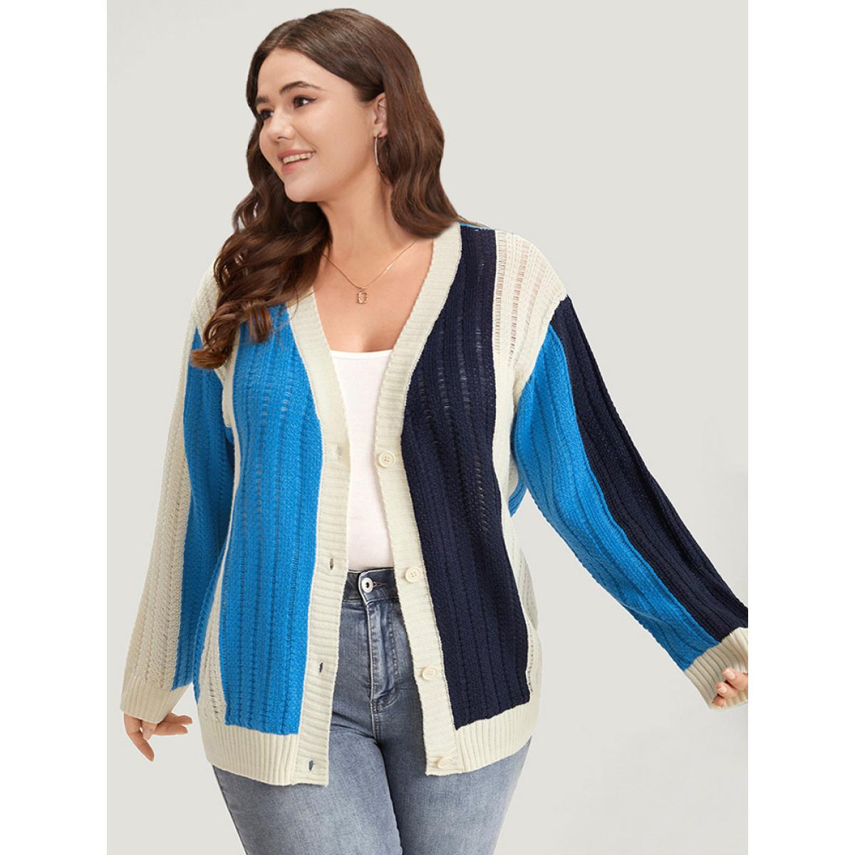 Plus Size Colorblock Contrast Button Down Drop Shoulder Cardigan Blue Women Casual Loose Long Sleeve Everyday Cardigans BloomChic 22-24/3X Product Image