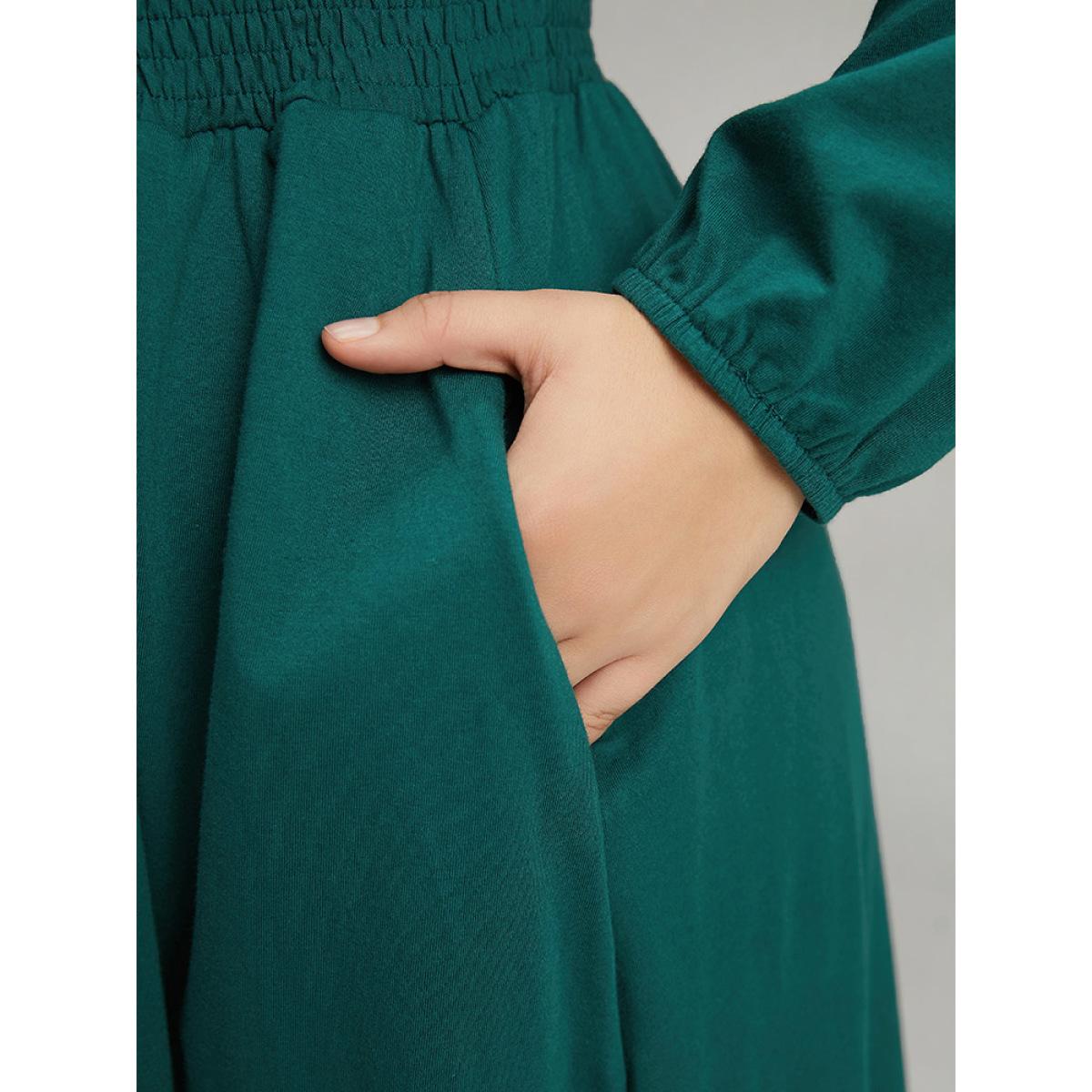 Plus Size Cotton Shirred Button Detail Dress Cyan Women Casual Elastic cuffs Round Neck Long Sleeve Curvy Midi Dress BloomChic 14-16/1X Product Image