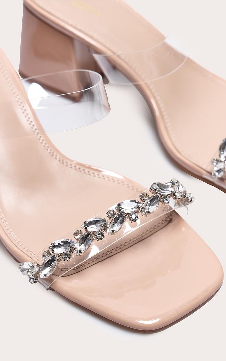 Nude PU Wide Fit Square Toe Jewel Perspex Block Heeled Mules Product Image