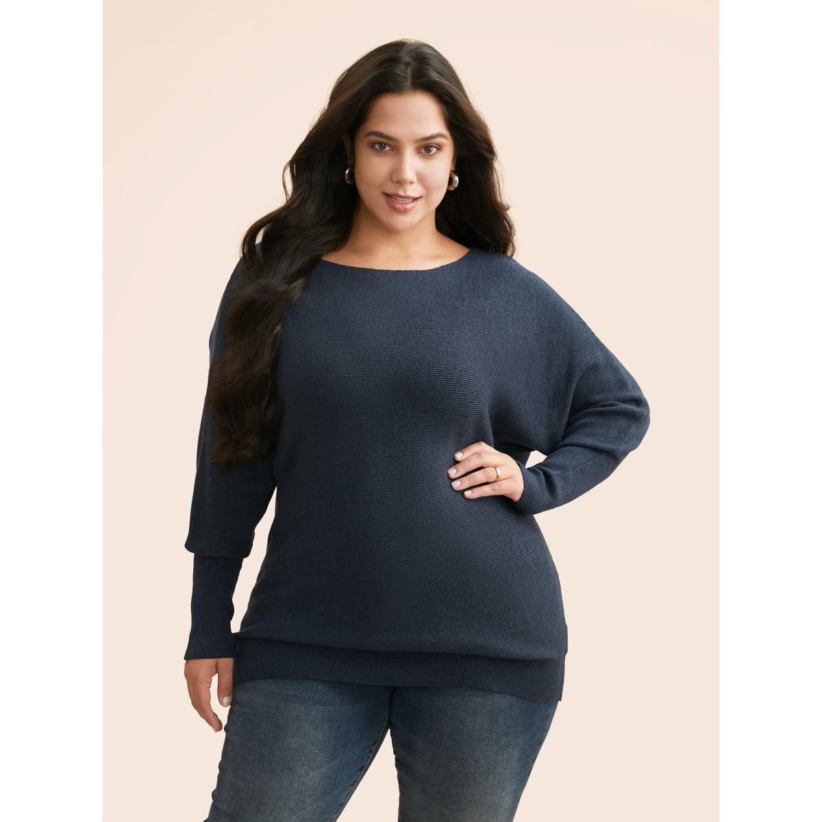 Plus Size Supersoft Dolman Sleeve Pullover Indigo Women Casual Loose Long Sleeve Boat Neck Everyday Pullovers BloomChic 22-24/3X Product Image