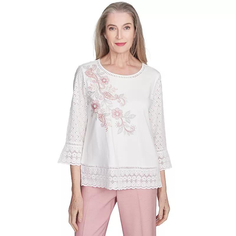 Petite Alfred Dunner Embroidered Floral Eyelet Trim Top, Women's, Size: XL Petite, Oyster Product Image