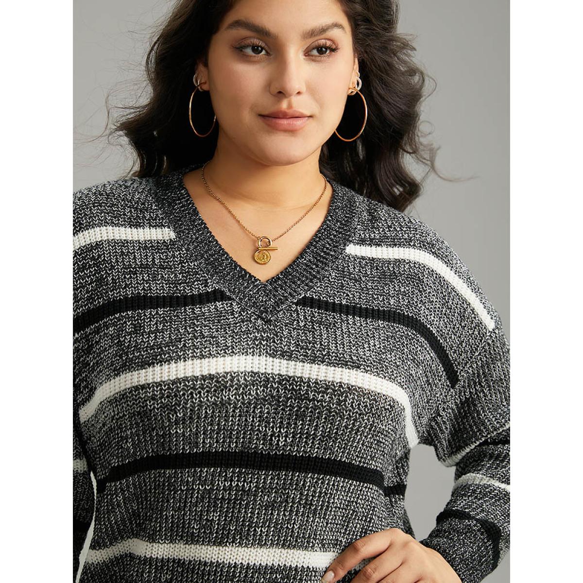 Plus Size V Neck Striped Contrast Heather Pullover Black Women Casual Loose Long Sleeve V-neck Dailywear Pullovers BloomChic 12/L Product Image