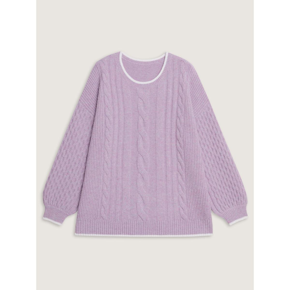 Plus Size Textured Contrast Edges Lantern Sleeve Pullover Lilac Women Casual Loose Long Sleeve Round Neck Casual Pullovers BloomChic 14-16/1X Product Image