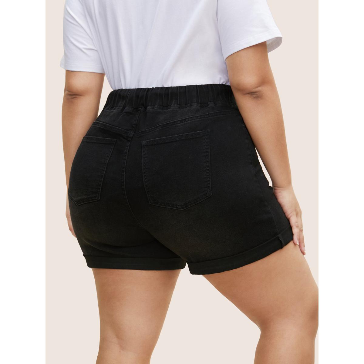 Plus Size Distressed Drawstring Roll Hem Denim Shorts Women Black Drawstring High stretch Casual Slanted pocket Leisure Denim Shorts BloomChic 30/6X Product Image