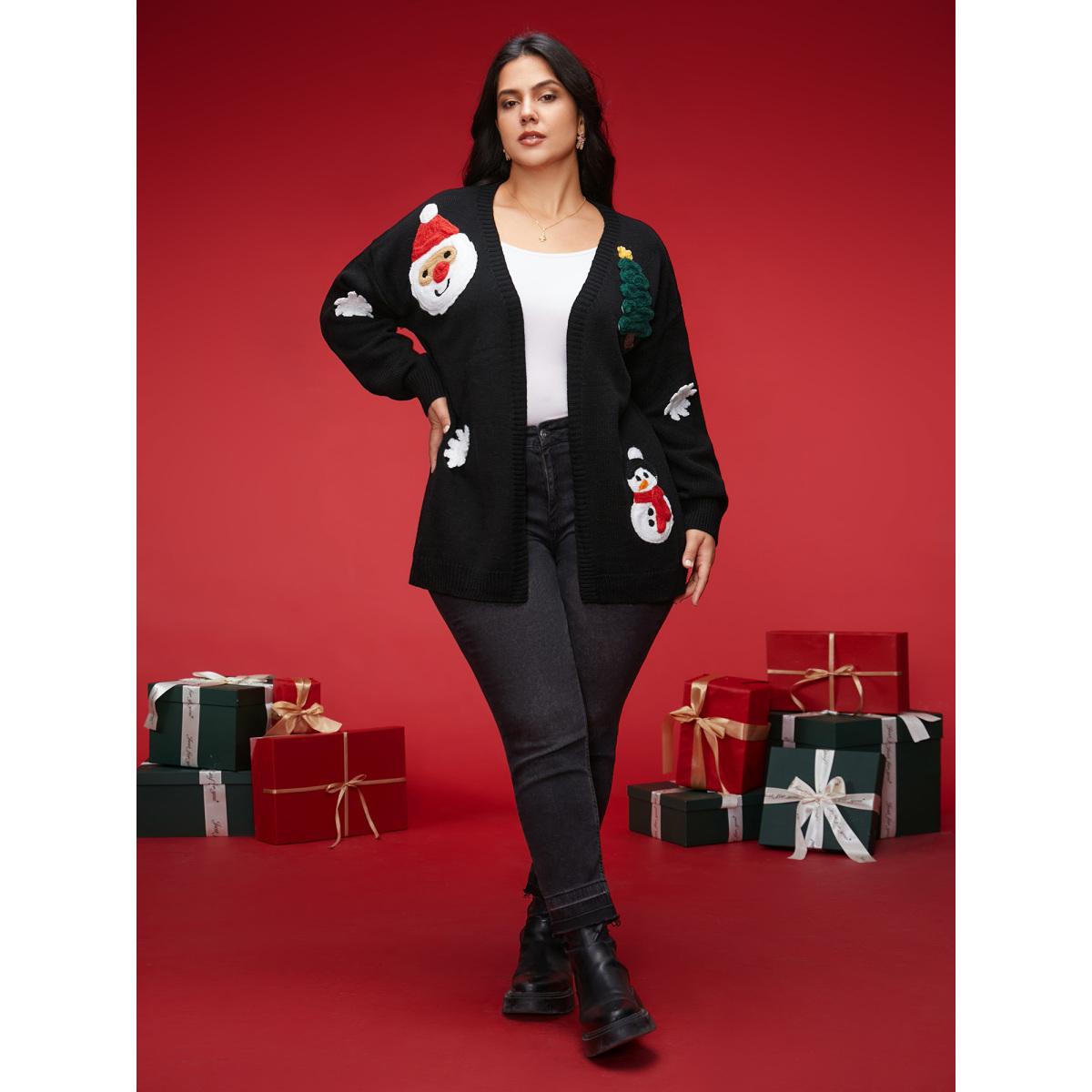 Plus Size Holiday Hand-Crocheted Motifs V-Neck Cardigan Black Women Casual Loose Long Sleeve Everyday Cardigans BloomChic 28/5X Product Image