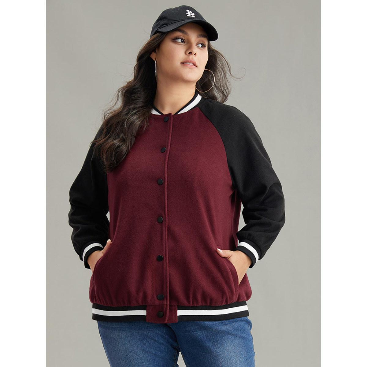 Plus Size Contrast Trim Pocket Button Fly Bomber Jacket Women Burgundy Contrast Pocket Dailywear Jackets BloomChic 18-20/2X Product Image